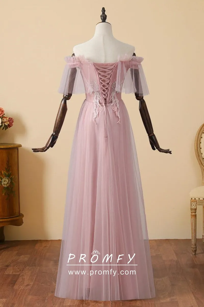Beaded Lace Pink Ruffled Off-shoulder 