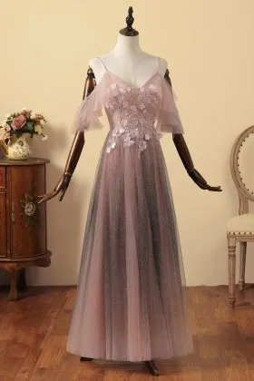 black pink gradient glitter tulle floral lace prom gown