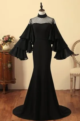 tiered trumpet sleeves pearled high neck prom dress