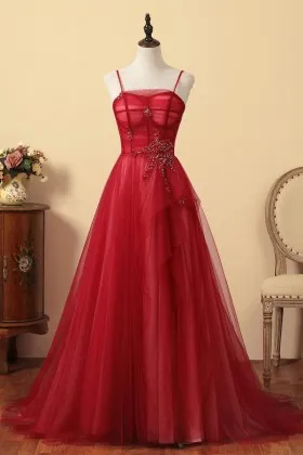 fancy beaded star adorned red tulle evening dress