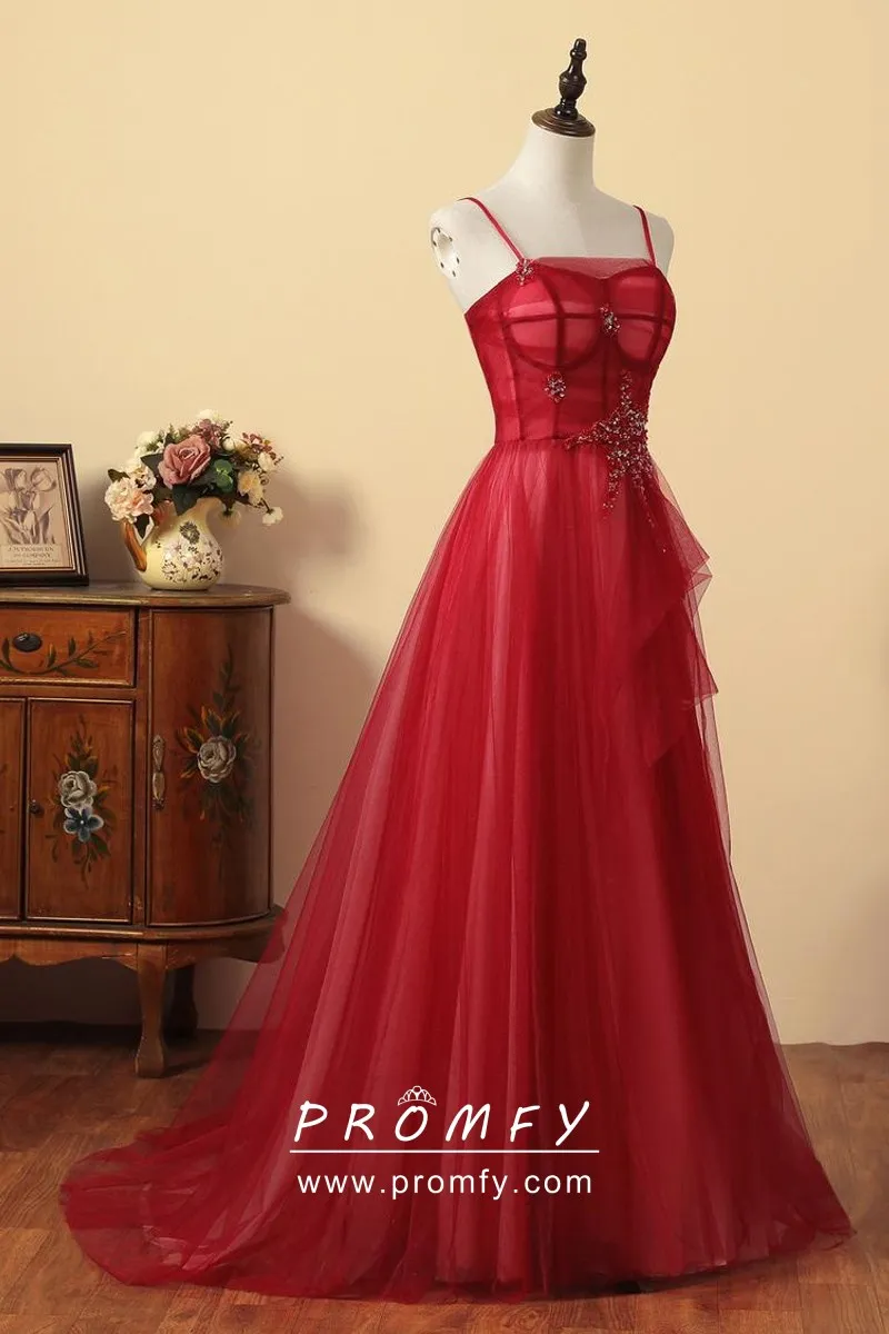 Adorned Red Tulle Evening Dress 