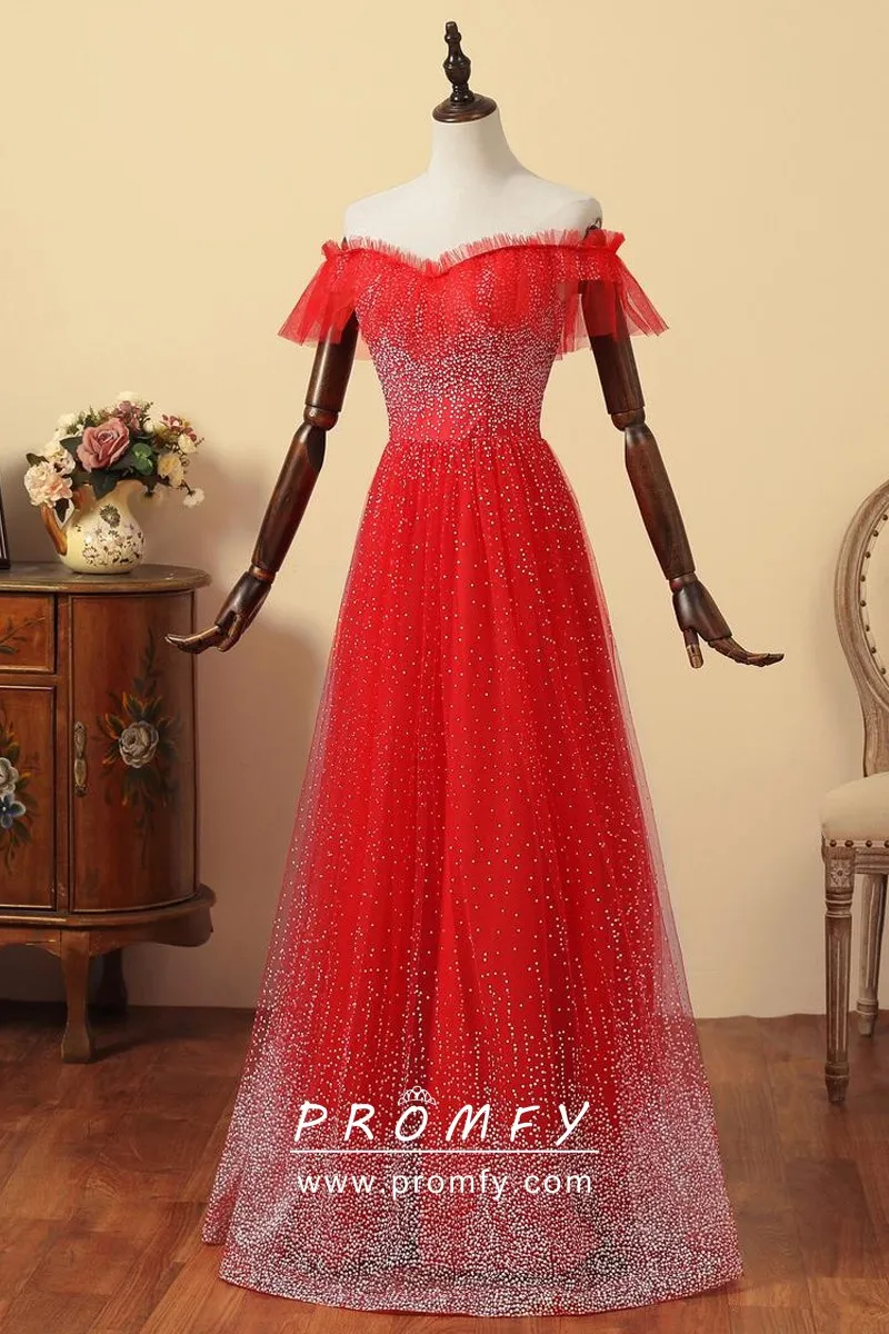 Red Ruffle Prom Dress Ruffled Off-shoulder Sequinned Red Tulle Prom Dress - Promfy