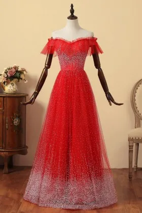 ruffled off shoulder sequinned red tulle prom dress