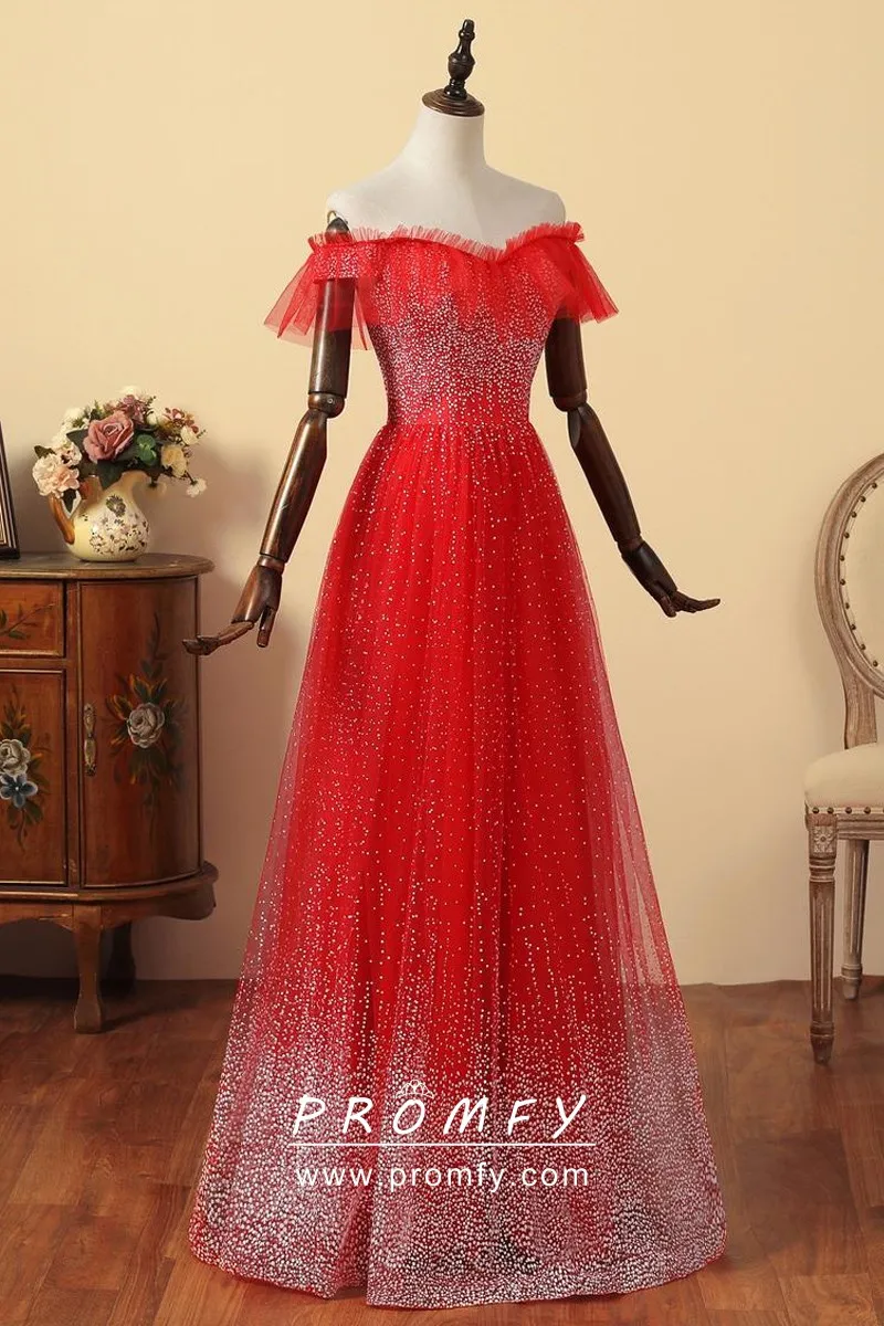 Burgundy 3D Petals Ruby Red Off-shoulder Tulle Slit Fairy Prom Dress