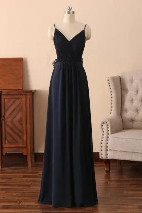 pleated dark navy spaghetti straps evening dress