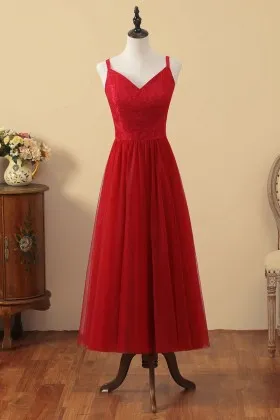 cheap ankle length red V neck bridesmaid dress