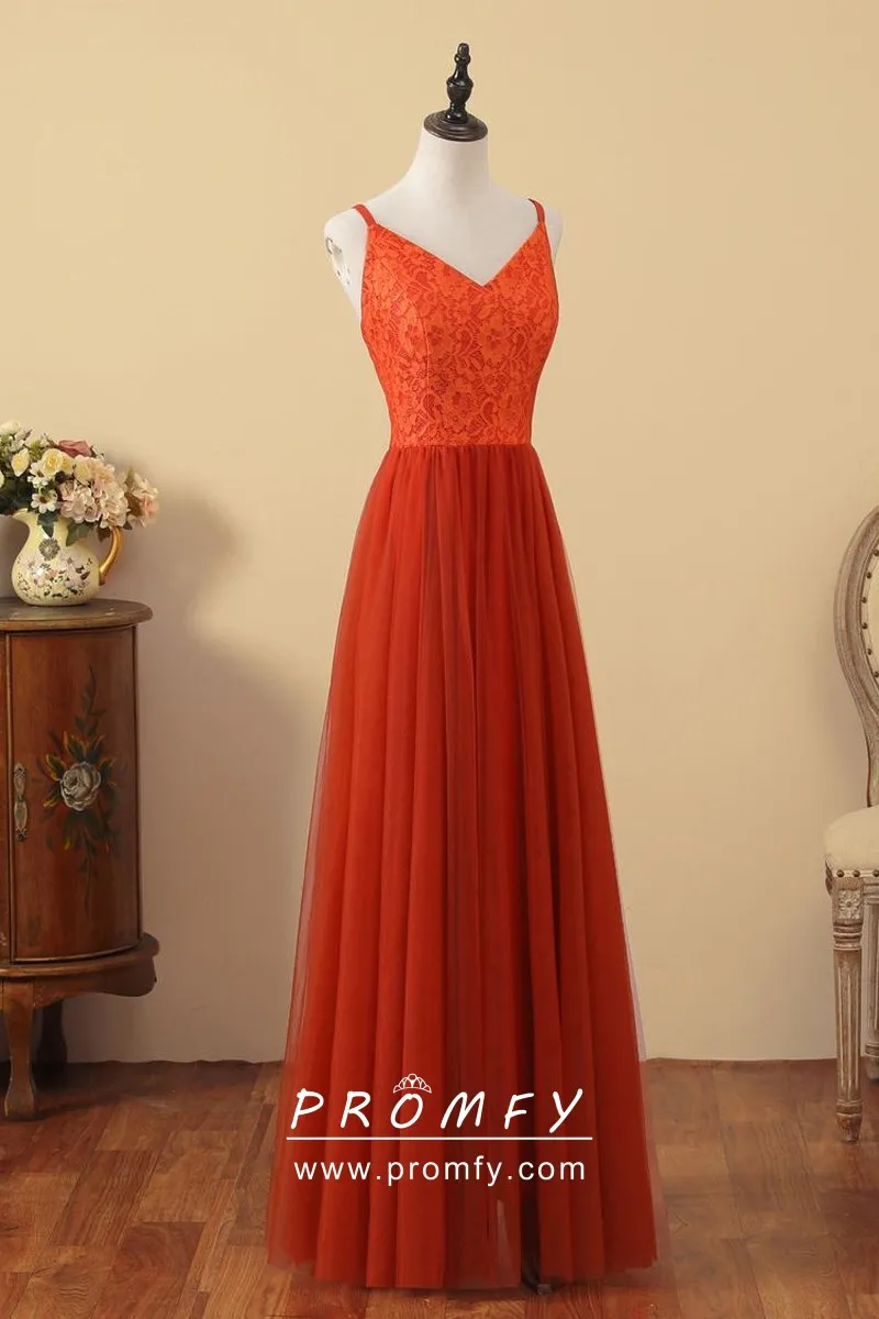 A-Line Pleated Tulle Floor-Length Dress Orange