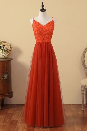 orange lace and red tulle v neck a line prom dress