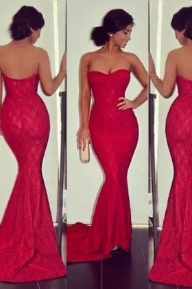 Charming red lace simple strapless mermaid prom dress