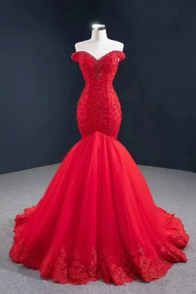 beaded red lace and tulle body hugging mermaid prom gown