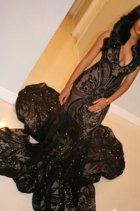 Sparkly black sequin African American long train dress