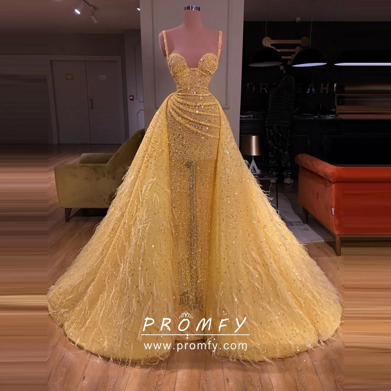 Simple Open Back Yellow Satin Long Prom Dresses with Pocket, Thin Stra —  Bridelily