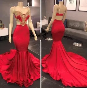 red spandex with cut out gold beaded lace mermaid dress