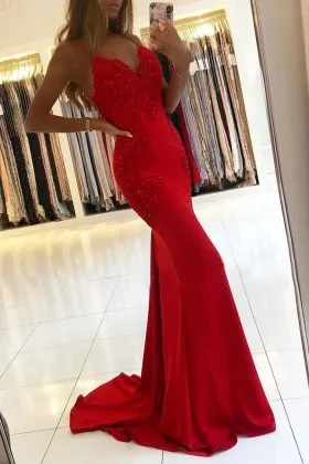 Beade lace appliqued red satin mermaid prom dress