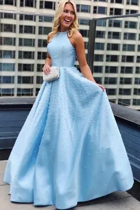 Pearled sky blue satin long prom dress with pockets