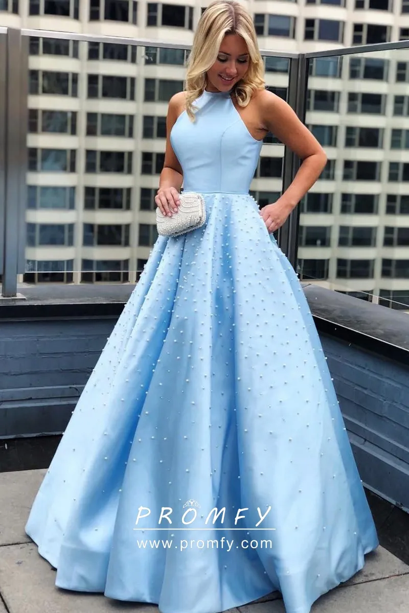 Pearled Sky Blue Satin Long Prom Dress with Pockets Promfy