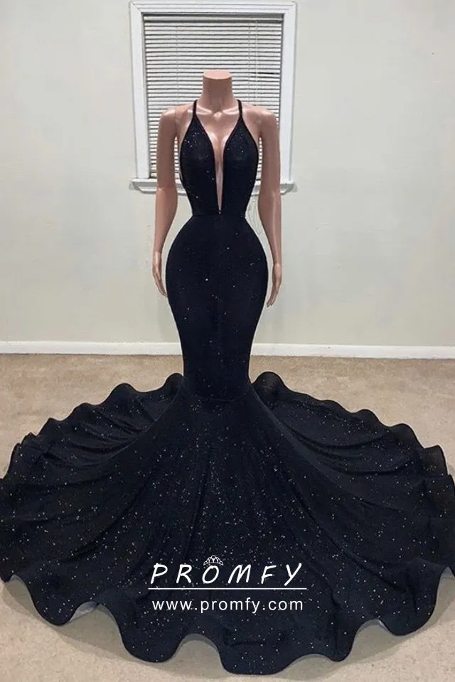 Shimmering Glitter Dotted Black Long Train Prom Dress Promfy