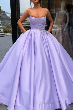 appliqued scoop neckline lavender satin prom ball gown