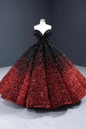 Red Ombre Sequin Ball Gown Prom Dress 