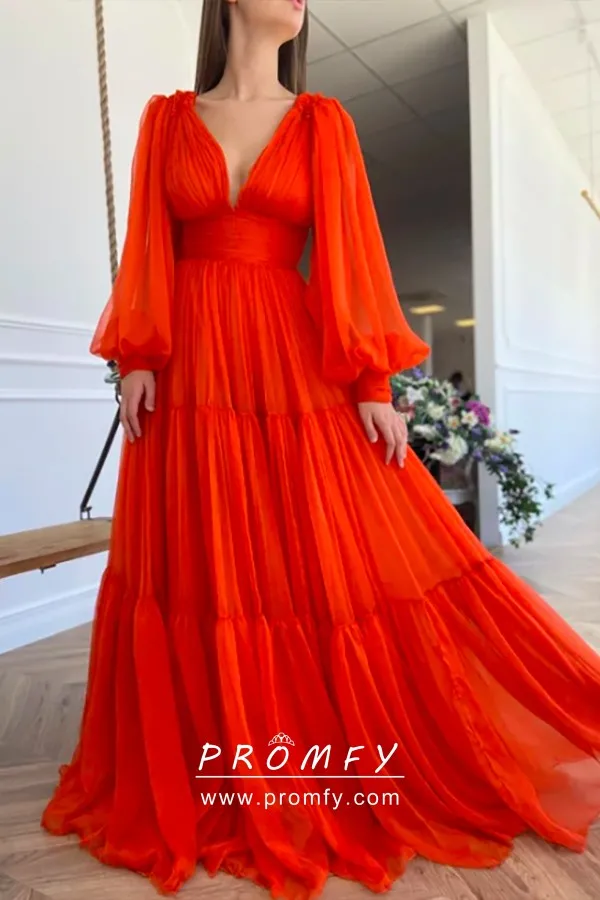 Flirty Orange Chiffon Puffy Long Sleeve Evening Dress - Promfy