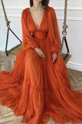 Flirty orange chiffon puffy long sleeve evening dress