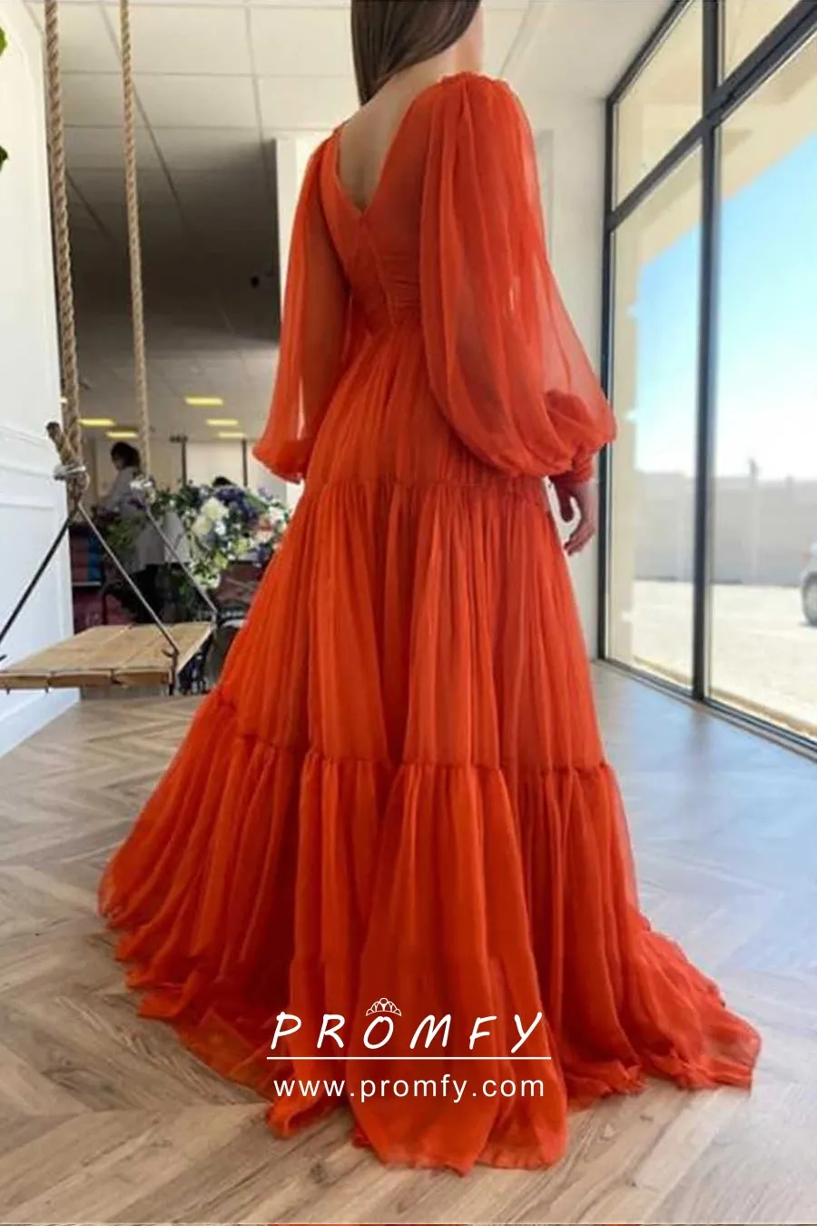 Flirty Orange Chiffon Puffy Long Sleeve 