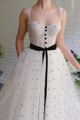 black polka dot cream tulle corset a line prom dress