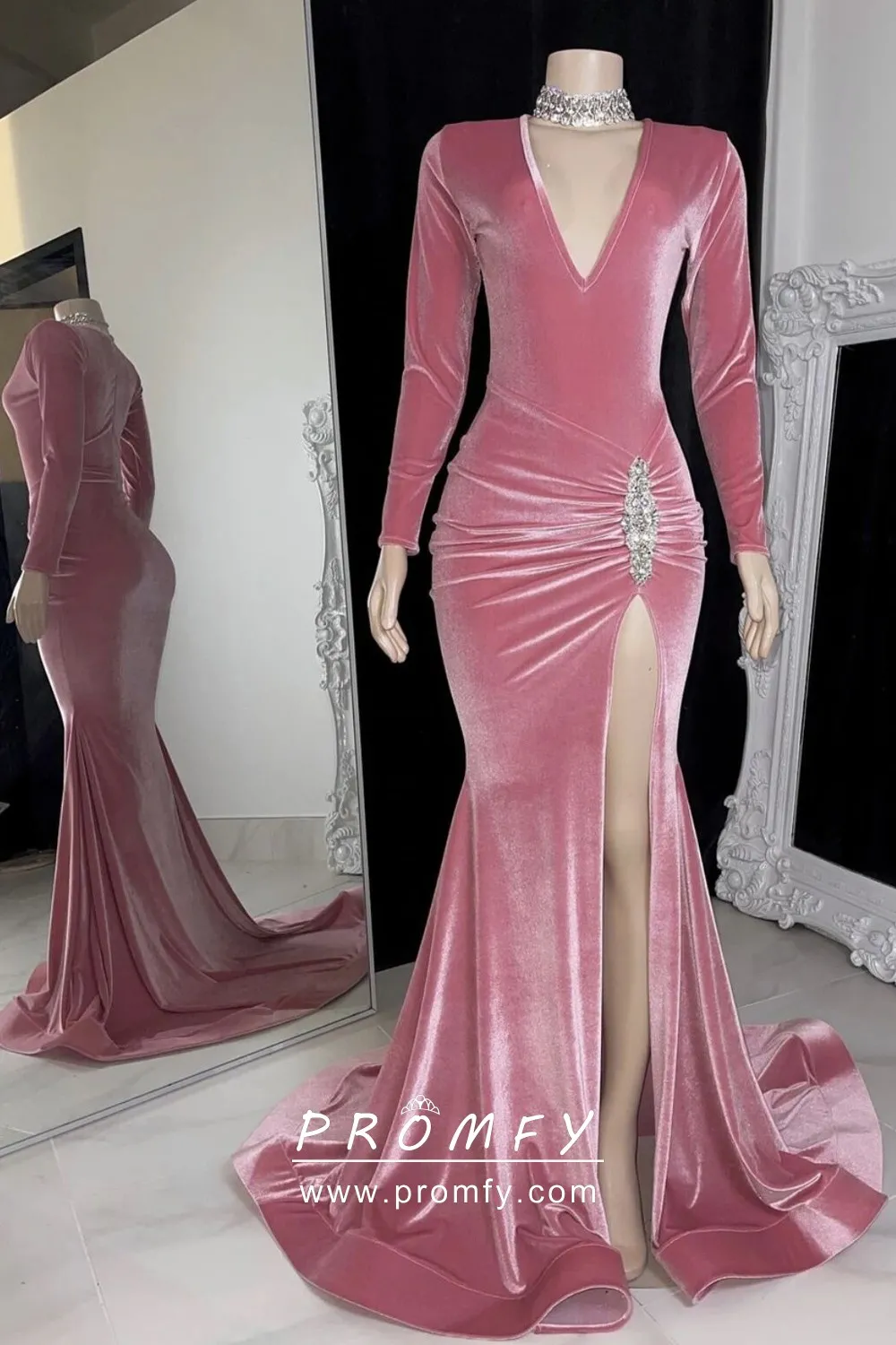 Side Draped Beaded Pink Velvet Long Sleeve Prom Dress Promfy