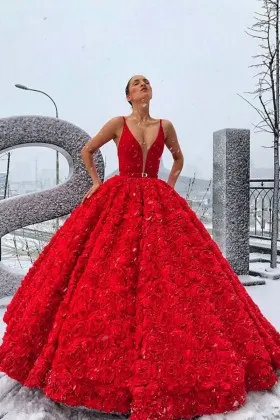 stunning red sleeveless satin 3d rosette ball gown