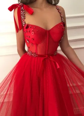 trend red corset jewelry beaded a line tulle prom dress