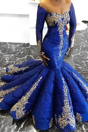 royal blue sparkly sequin gold lace mermaid prom dress