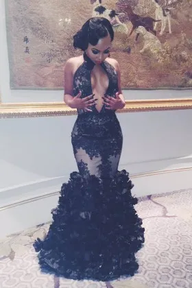 black cut out bodice african american rosette prom gown