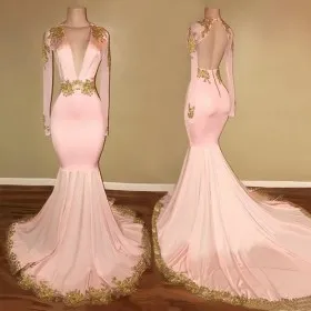 peach pink plunge neckline sleeved mermaid prom dress