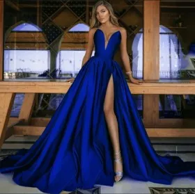 royal blue plunging neckline high slit a line prom dress