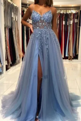 fairy 3d floral dusty blue sheer bodice a line prom gown