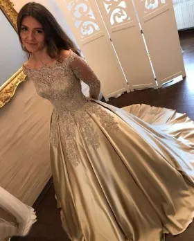 noble gold satin scalloped lace off shoulder ball gown