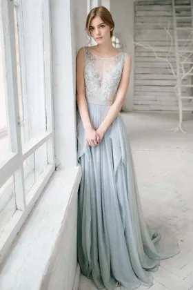 charming dusty blue scalloped v back lace chiffon gown