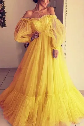 adorable off shoulder puff sleeve pleats tulle prom gown