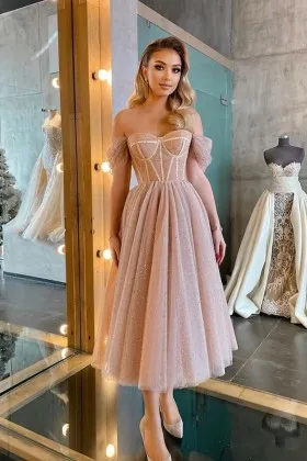 sparkly off shoulder straps corset tea length prom dress