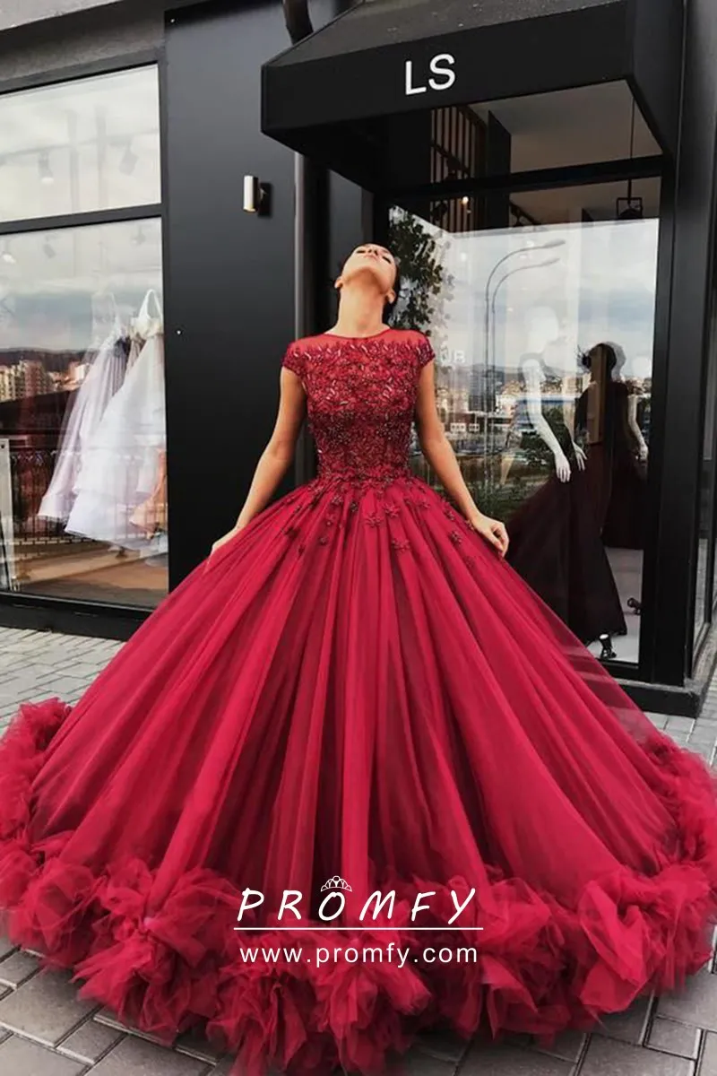 Amazing Floral Ruffled Hemline Dark Red Formal Ball Gown - Promfy