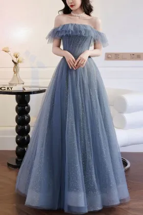 shimmering dusty blue ruffled pleated tulle birthday dress