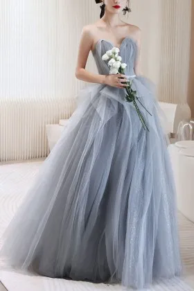 glittering grey pleated tulle sweetheart party dress