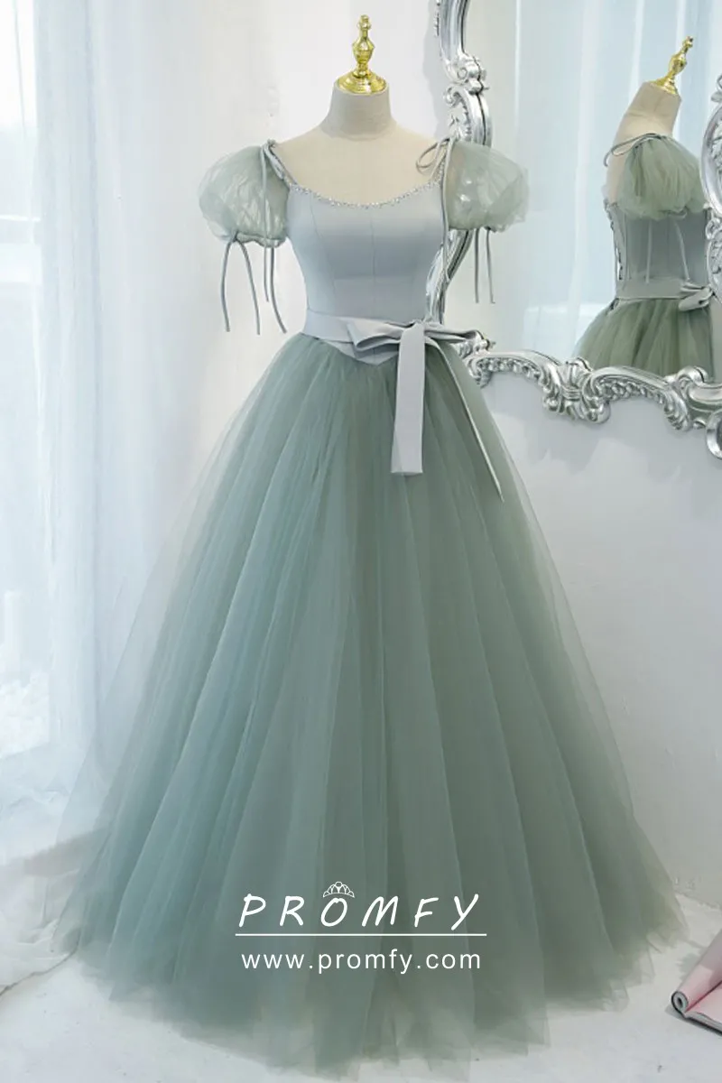 Fairy Sage Green Tulle Puff Sleeve Corset Birthday Dress - Promfy