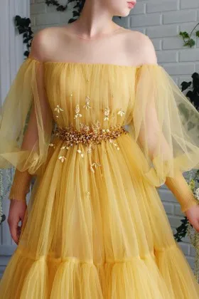 fabulous yellow tulle off shoulder engagement dress