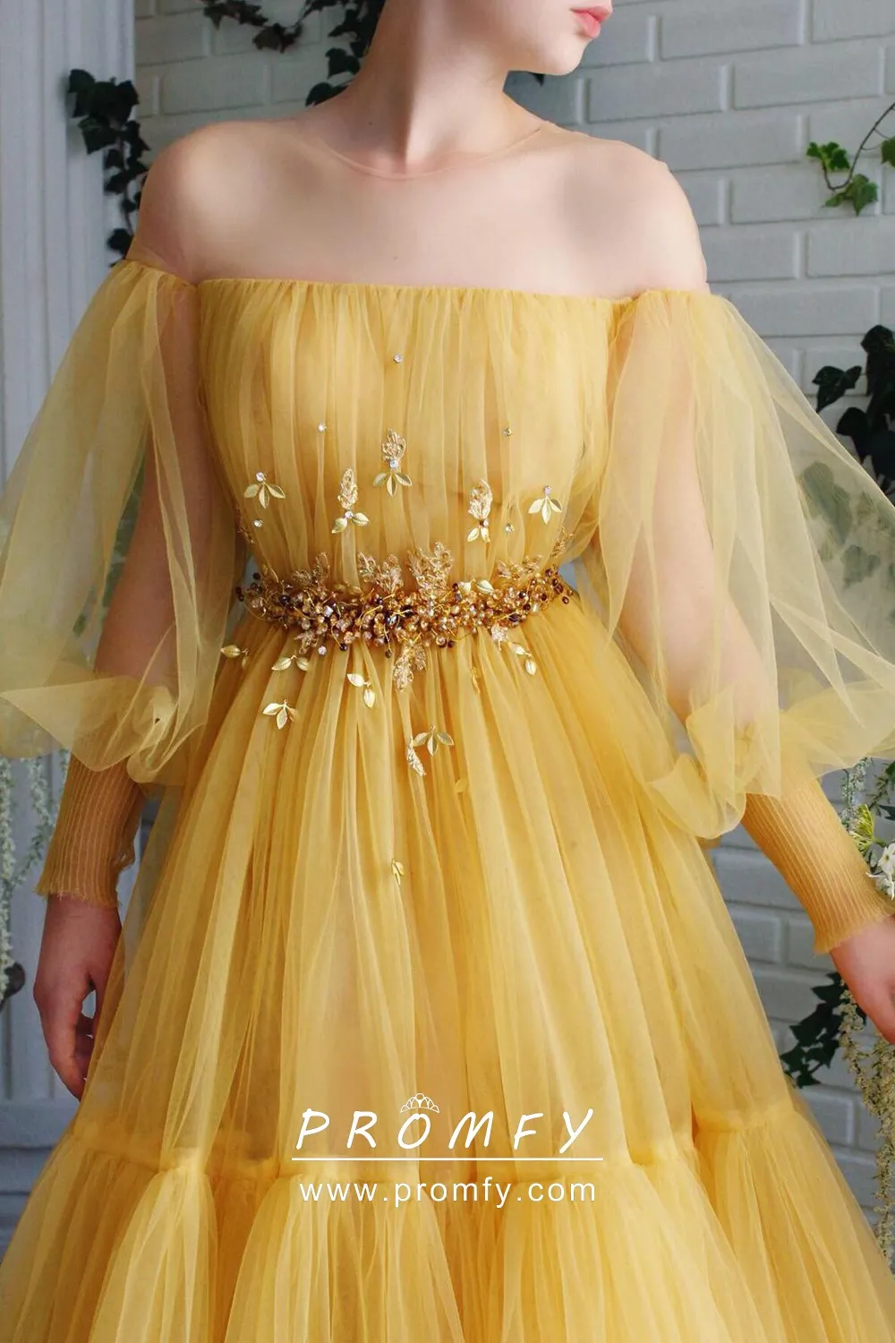 Fabulous Yellow Tulle Offtheshoulder Engagement Dress Promfy