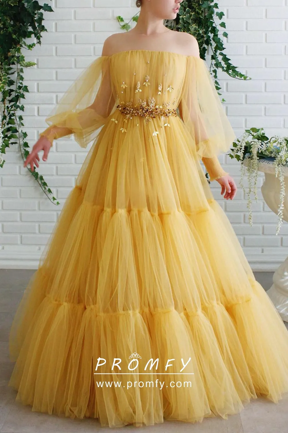 Fabulous Yellow Tulle Offtheshoulder Engagement Dress Promfy
