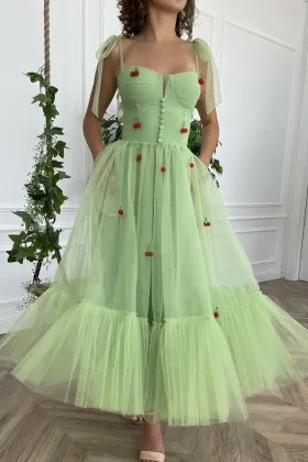 cute bow strap cheery adorned green tulle party dress
