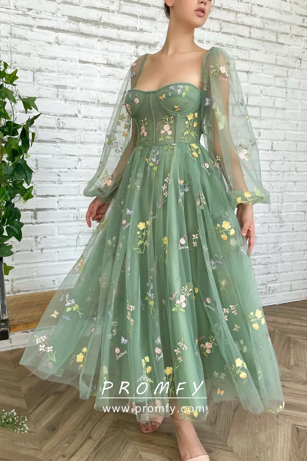 Sweetheart Sheer Corset Applique Tulle Long Dress Green