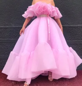 candy pink ruffled off shoulder puff high low prom dress