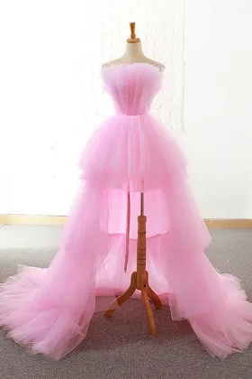 pink tiered tulle high low puff tutu prom party dress